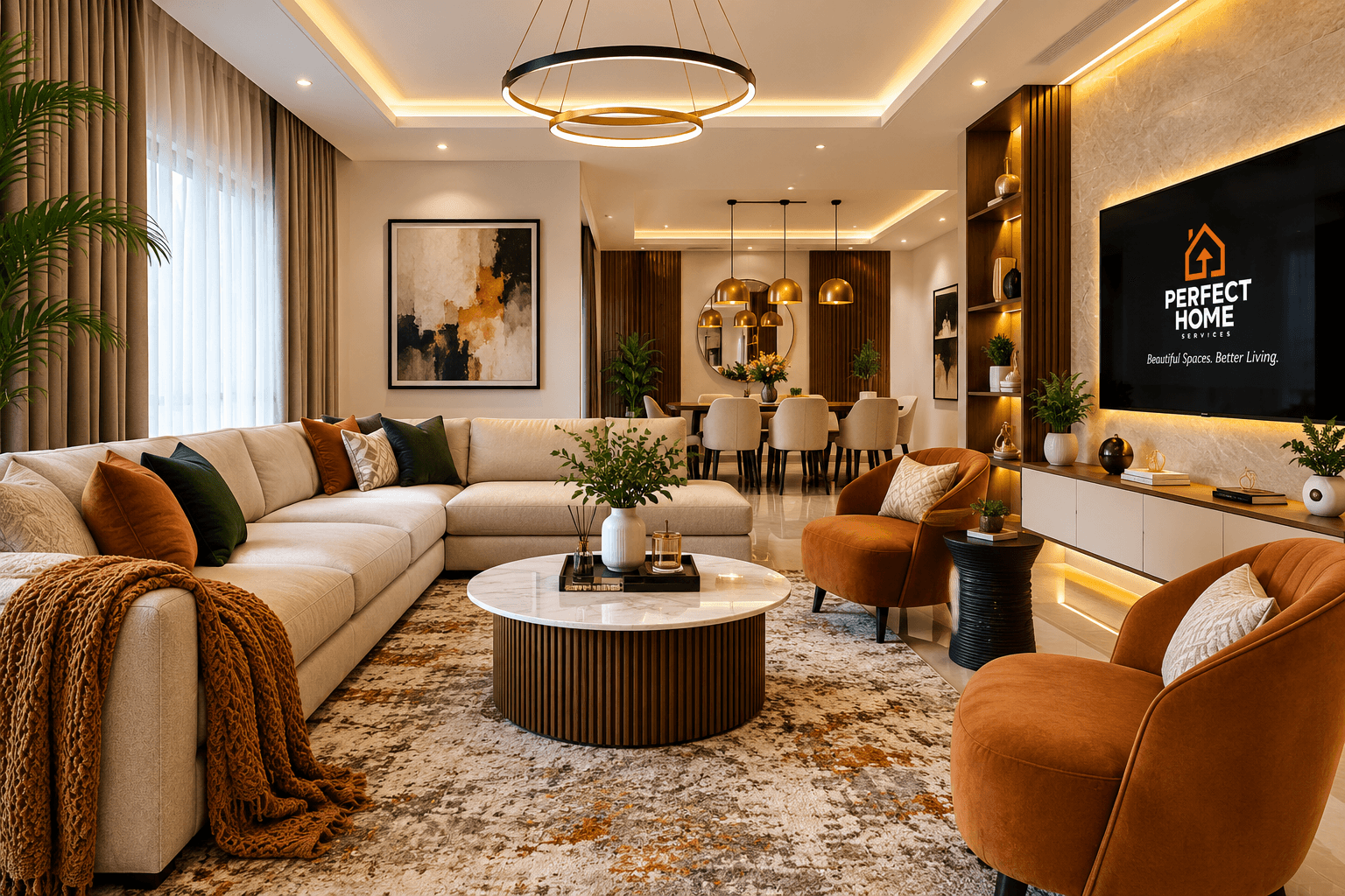 Modern living and dining room featuring neutral sofas, rust-orange accent chairs, warm lighting, wood panelling, and elegant contemporary décor by Perfect Home Services.